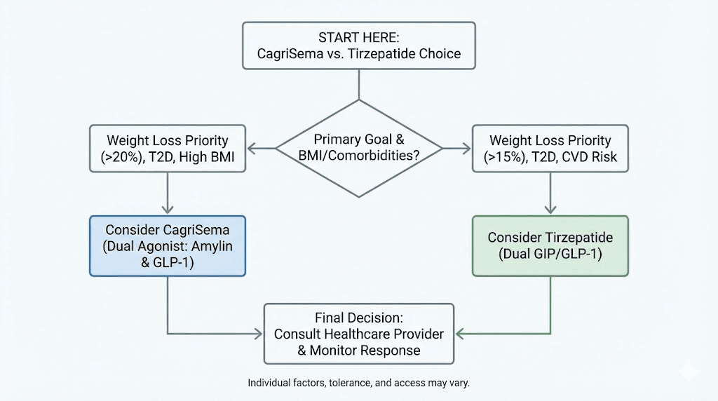 Decision guide flowchart for choosing CagriSema vs tirzepatide based on individual needs