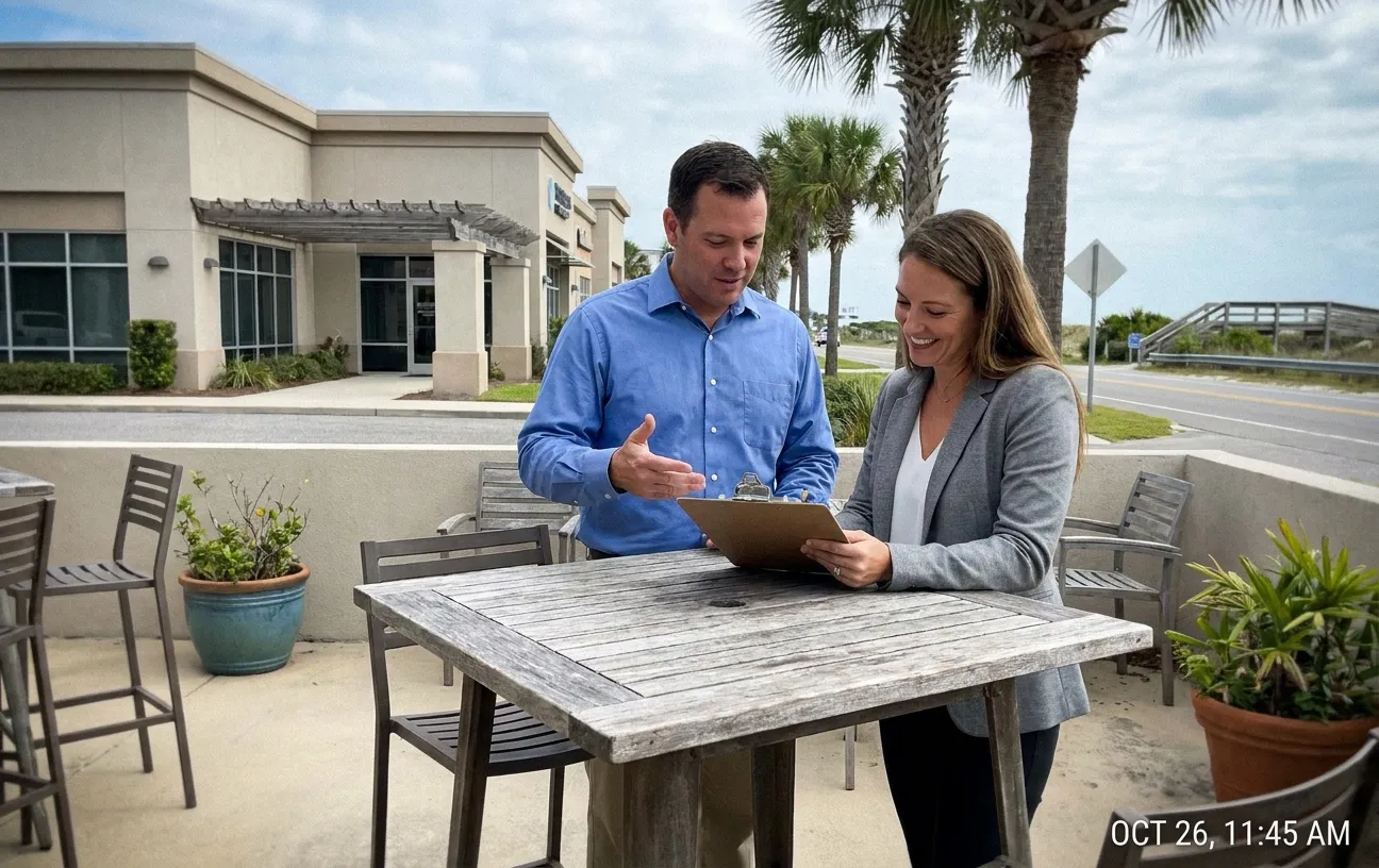 RockN' Socials team strategizes digital marketing at an outdoor meeting.