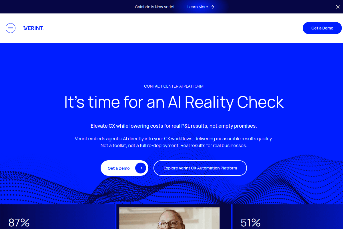 Verint homepage headlined It's time for an AI Reality Check, a contact center and workforce optimization platform