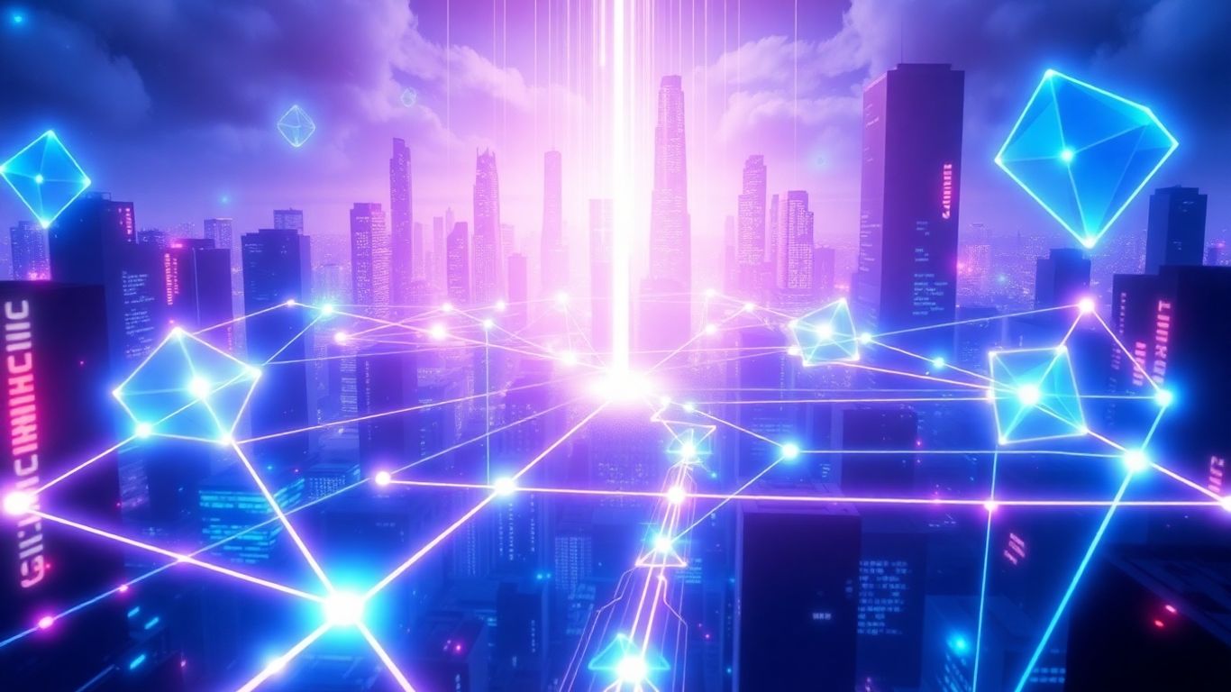 Futuristic cityscape with glowing digital pathways.