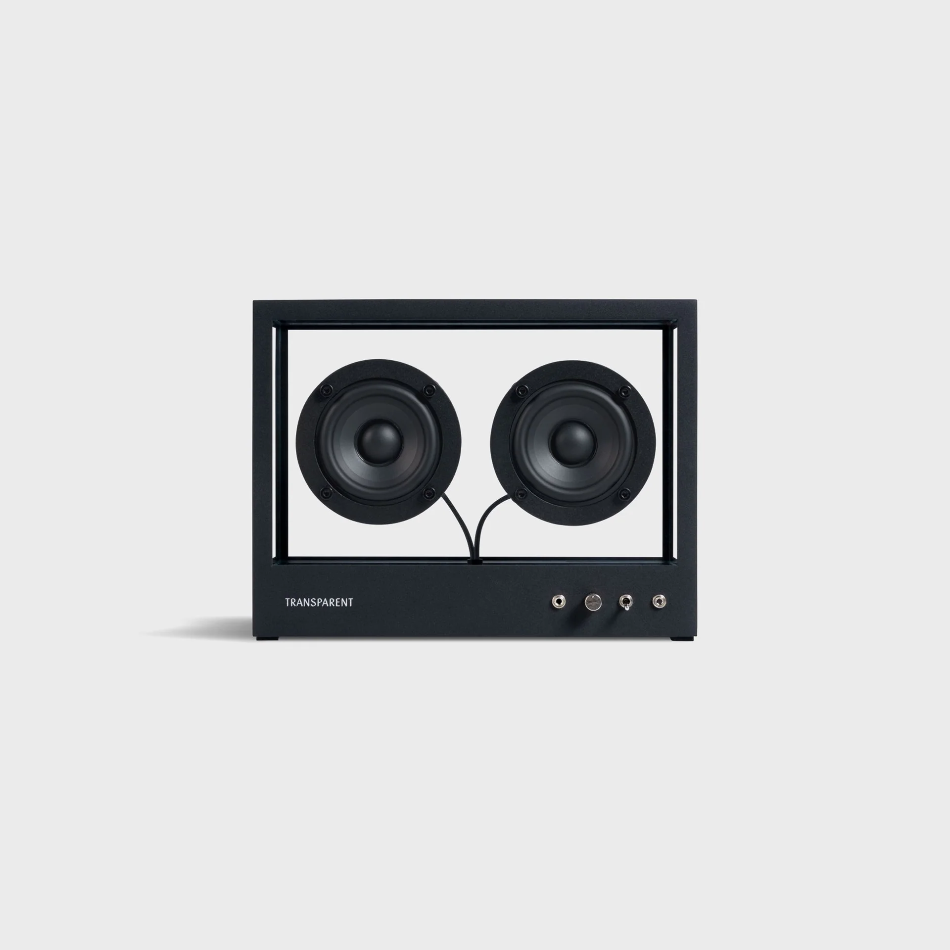 Transparent Small Transparent Speaker in black, tempered glass front showing the driver and internal components
