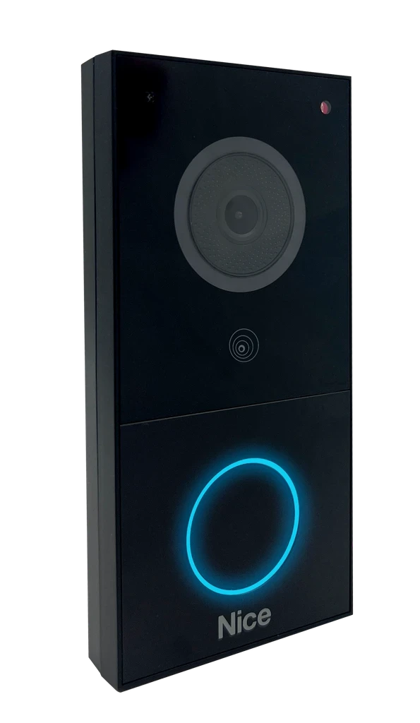 Black doorbell with camera and blue lit button
