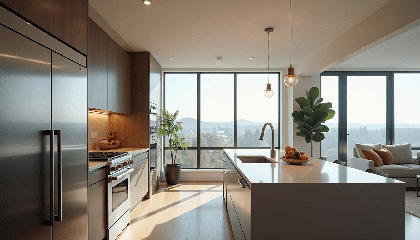 Close-up view of a modern kitchen in a town home with stainless steel appliances and island