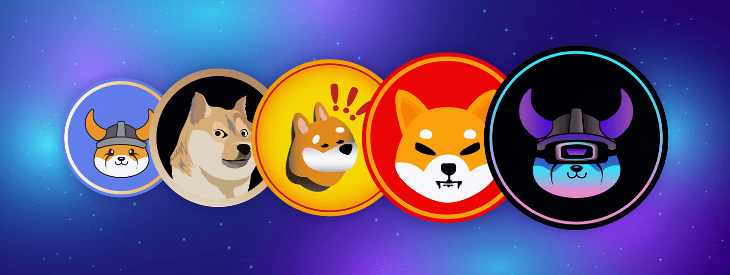 Row of various cryptocurrency icons - Best Memecoins