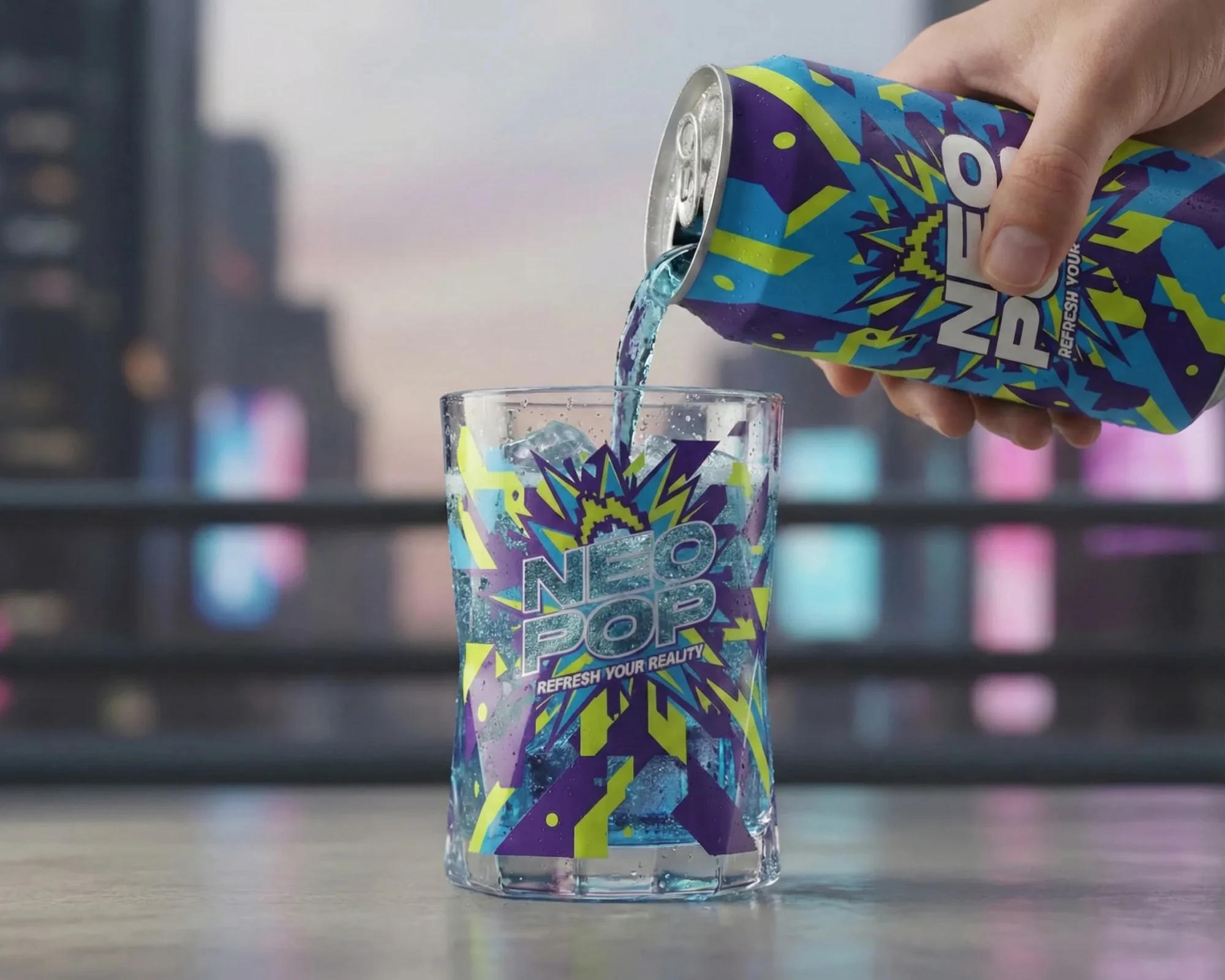 A close-up shot of a bright blue carbonated drink being poured from a Neo Pop can into a clear glass.