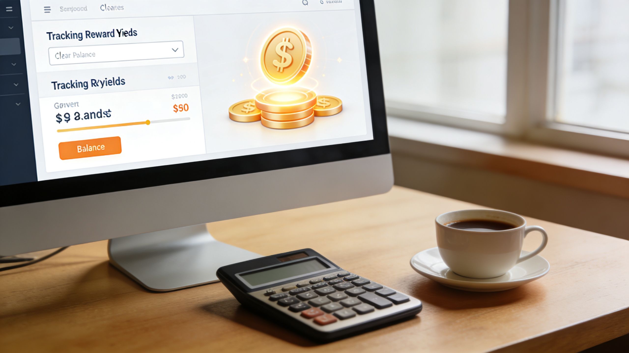 A computer monitor displaying a financial dashboard with digital coins next to a coffee cup and calculator.