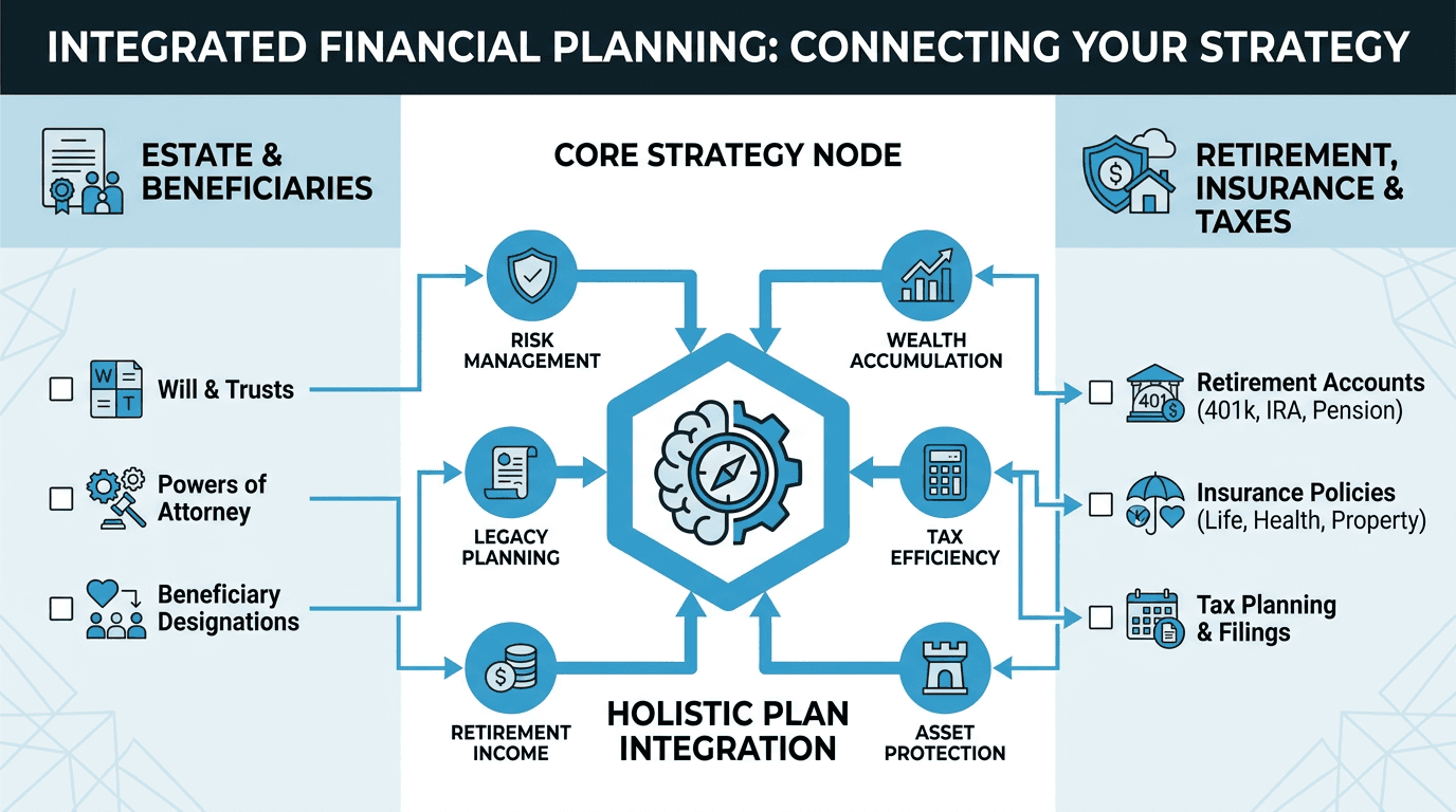 Infographic checklist showing estate documents, retirement accounts, insurance, taxes, and beneficiaries arranged in three columns with connecting lines and clear icons, using blue accents on a light background for easy scanning. The layout emphasizes relationships between topics and presents short labels and checklist items for quick readability.