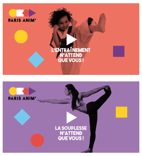 Deux visuels de sport avec une femme qui s’entraîne et une autre en posture d’étirement.