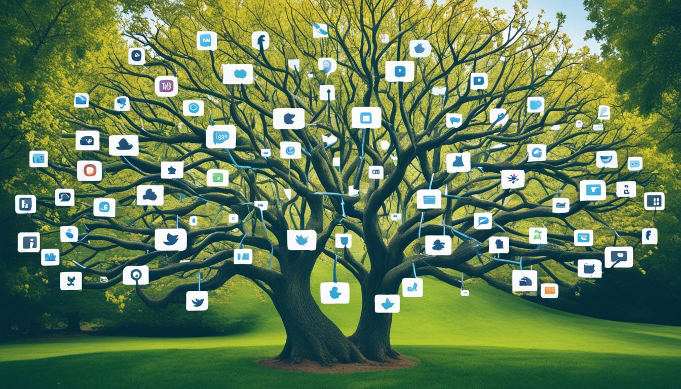 Create an image of a tree with multiple branches, each branch representing a different social media platform. On each branch, depict various UGC examples such as user reviews, photos, and videos. Show arrows connecting the branches to highlight the cross-promotion of the UGC across different channels. Use colors that embody the brand's identity and make the image visually appealing.