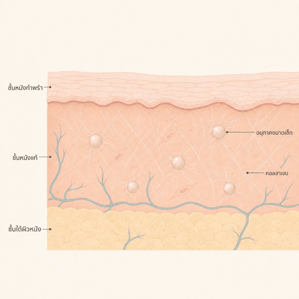 ภาพคอลลาเจนที่ก่อตัวรอบอนุภาคขนาดเล็กในชั้นหนังแท้