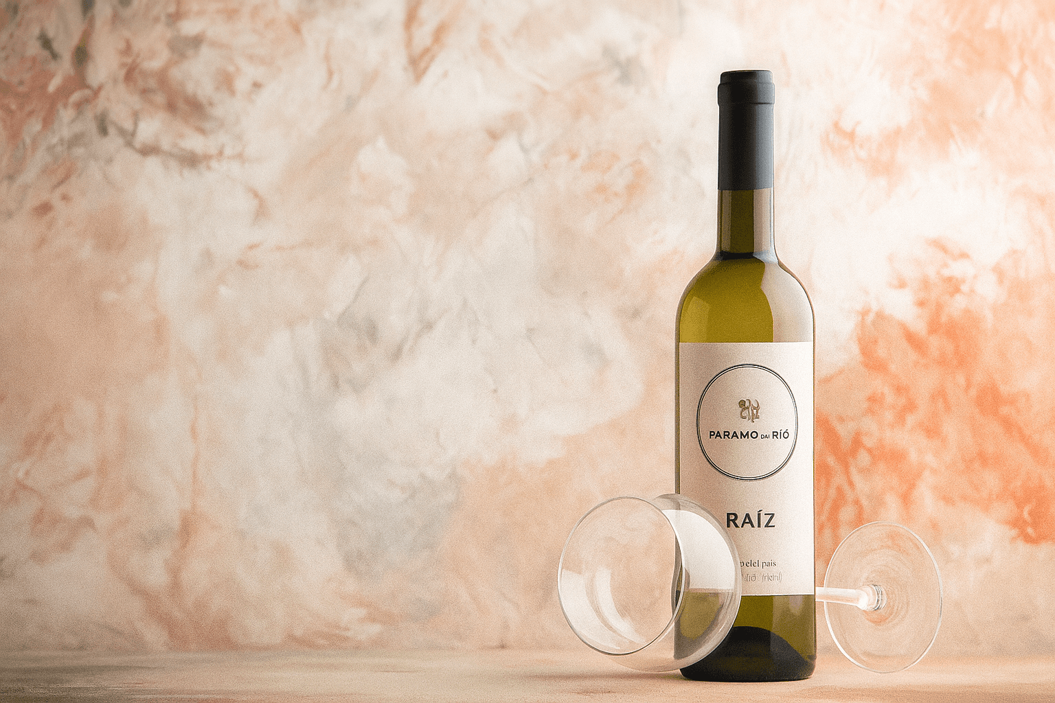 A wine bottle standing alone on a cream-colored background, simple, elegant, and chic.