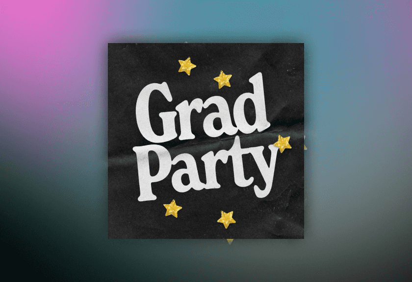 Trendy black and purple graduation party invite with abstract bold white text spelling out “Graduation.”