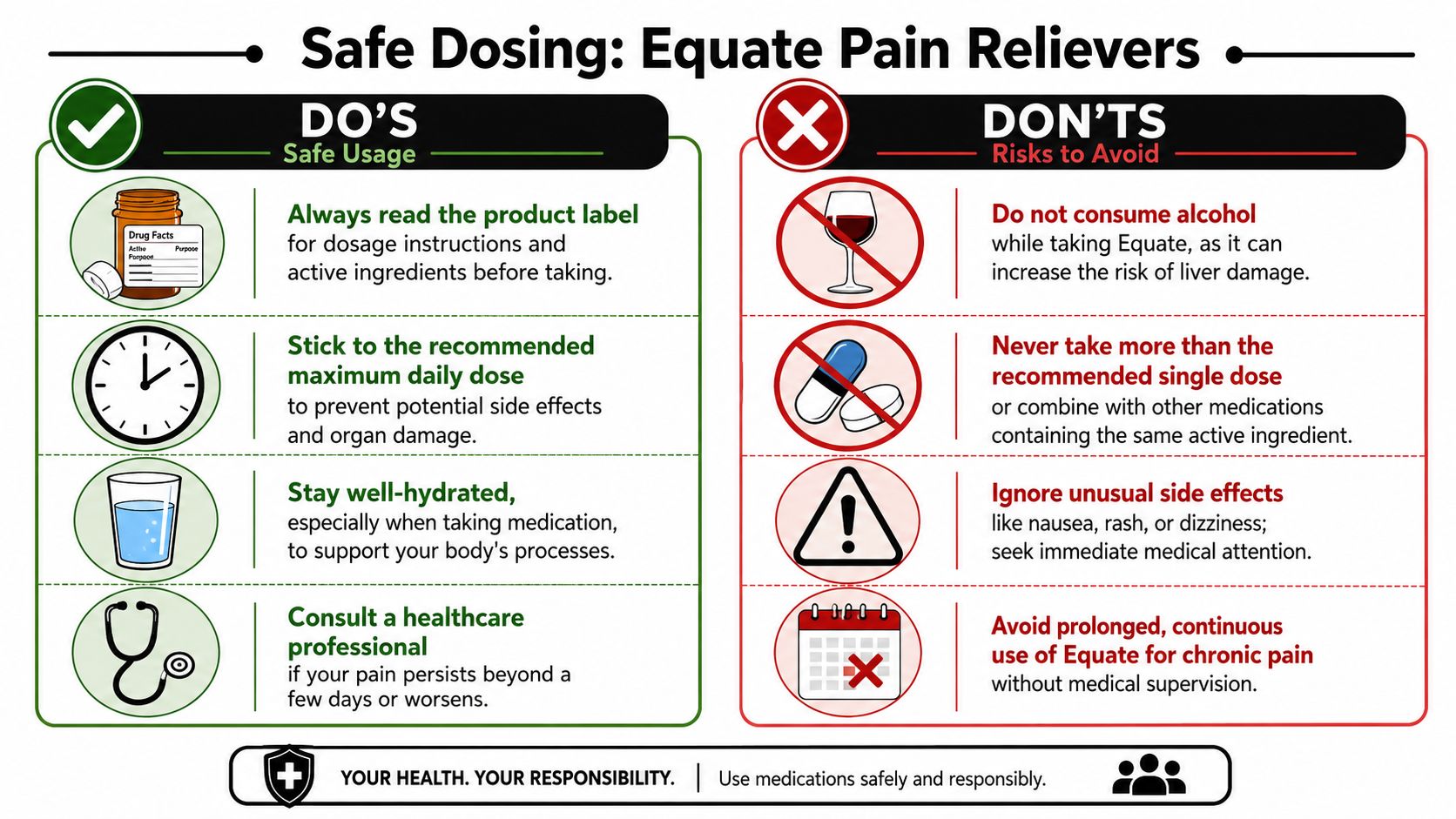 An infographic detailing important safety guidelines and risks for using Equate pain reliever medications effectively.
