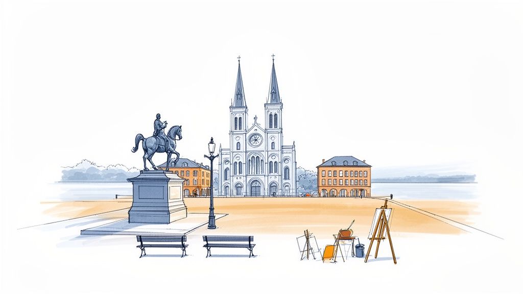 Illustrated cityscape featuring a grand cathedral, equestrian statue, benches, and artist easels by a waterfront.