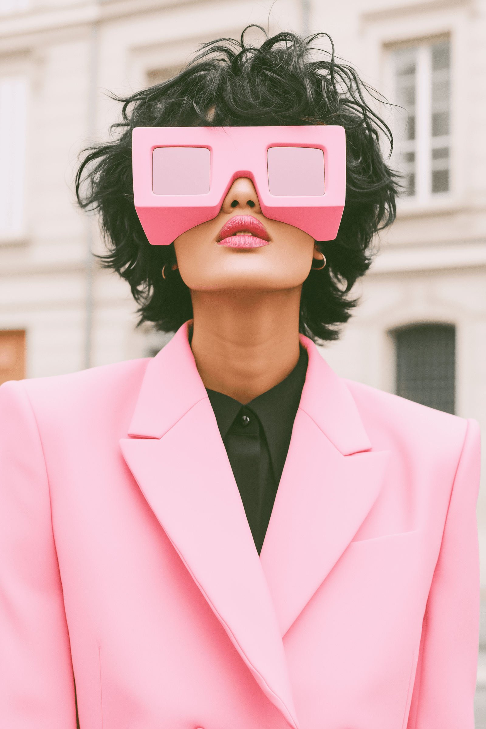 Creative portrait with geometric pink eyewear and bold fashion styling in urban setting