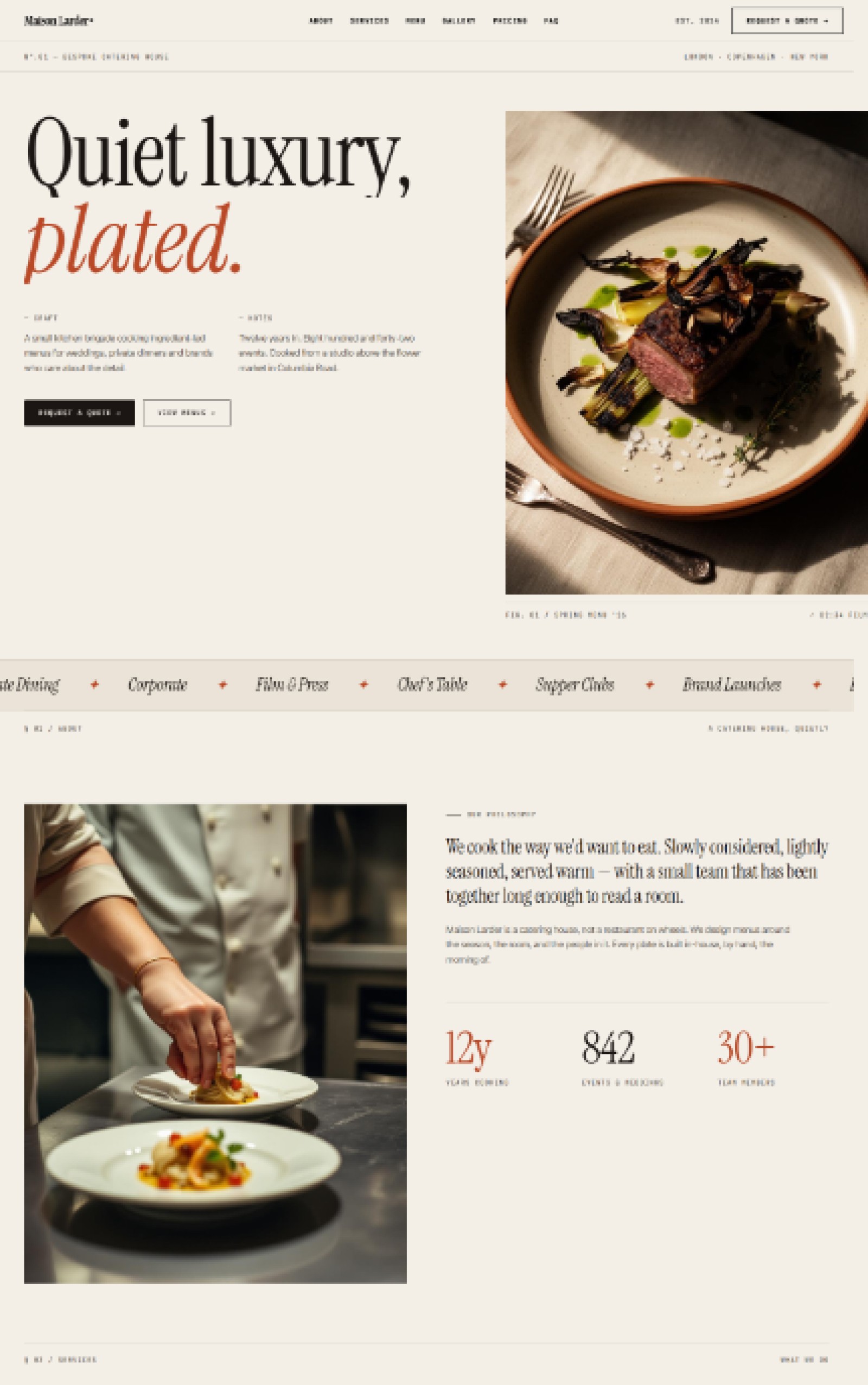 Catering website prompt — warm cream editorial design preview