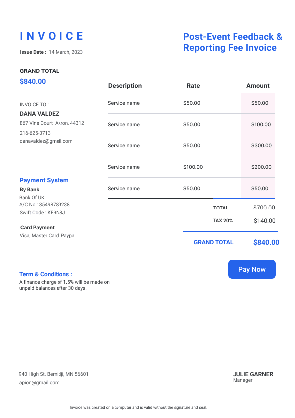 Post-Event Feedback & Reporting Fee Invoice