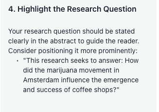 thesify feedback report section titled Research Question advising earlier placement and offering a clearer example question for the abstract