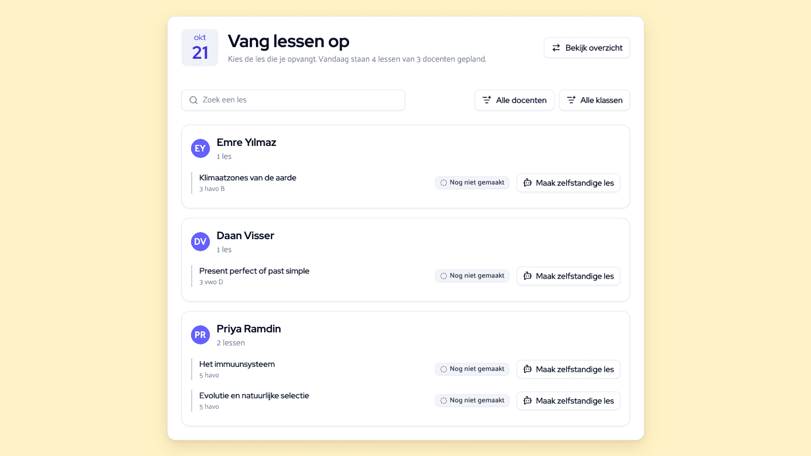 Pagina Vang lessen op met per docent de geplande lessen van vandaag