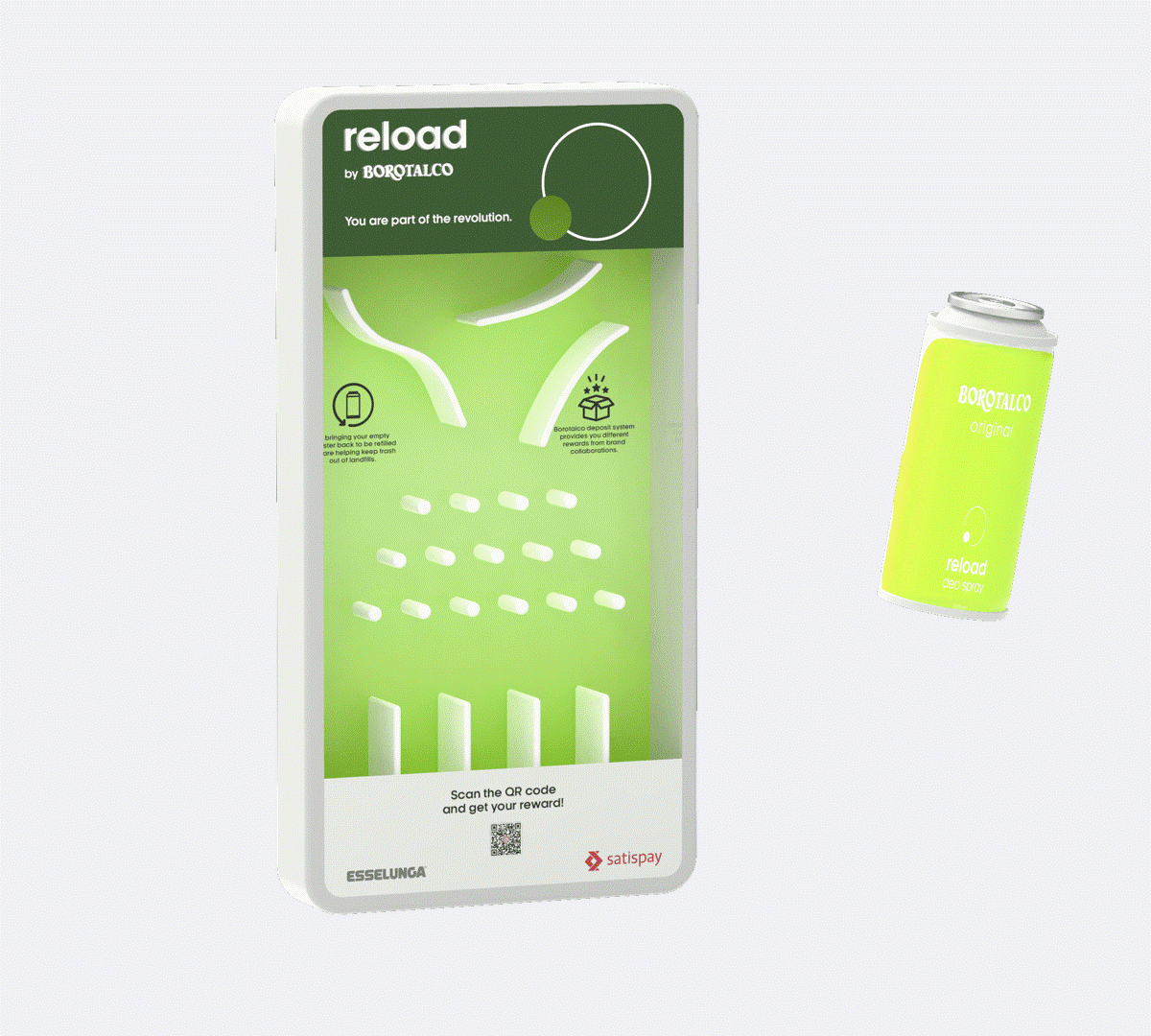 Animation of a empty can being recycled into a RELOAD station