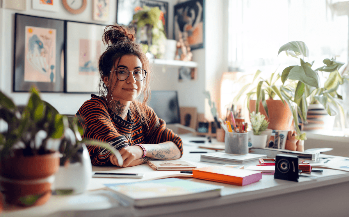 Relaxed Young Woman at Creative Desk