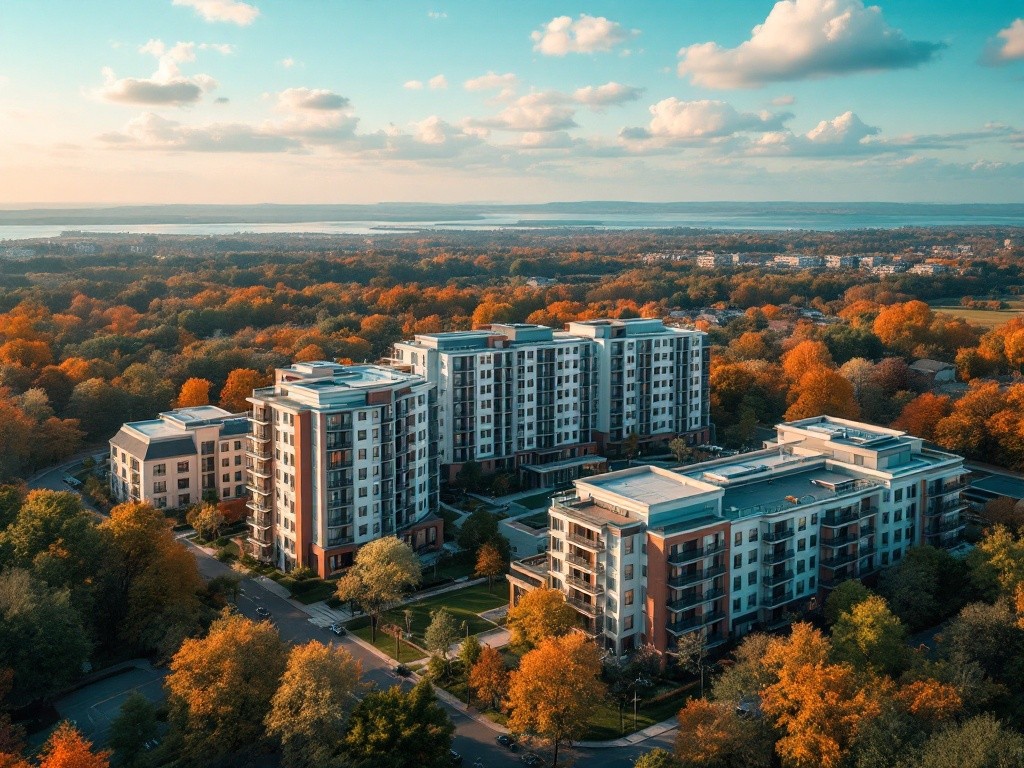 Aerial view of apartment buildings in autumn