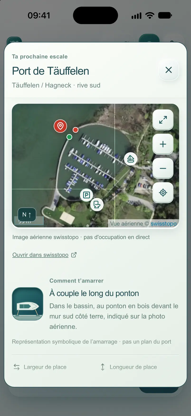 Détail d’un port dans seegang avec photo aérienne et type d’amarrage