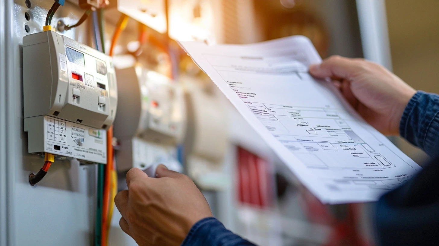 Électricien consultant un document de conformité électrique devant un tableau de disjoncteurs