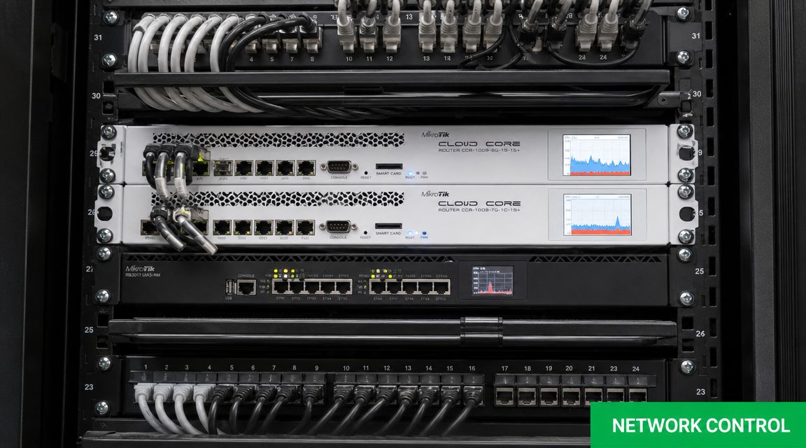 A server rack containing multiple MikroTik networking routers and managed switches with connected ethernet cabling.