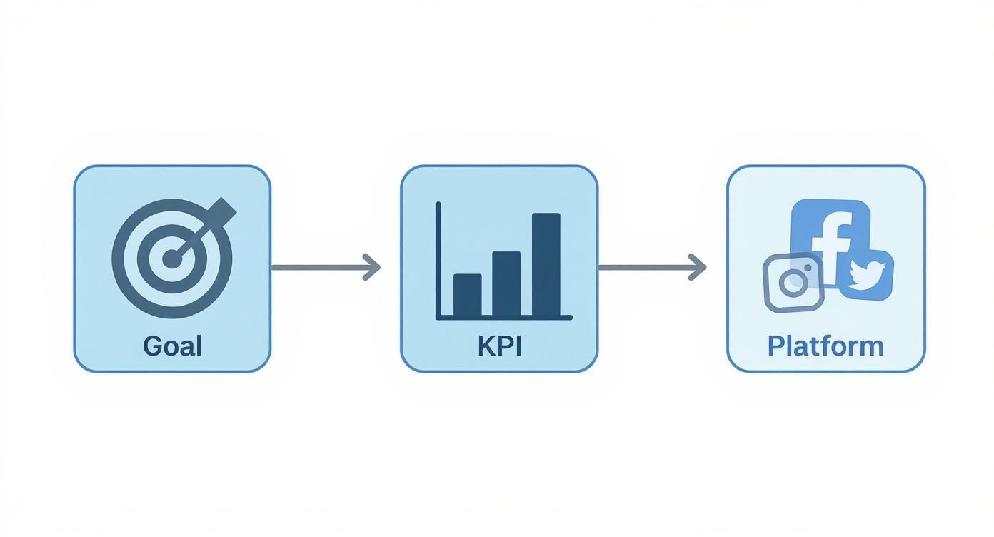 Workflow diagram showing progression from Goal to KPI measurement to social media Platform implementation