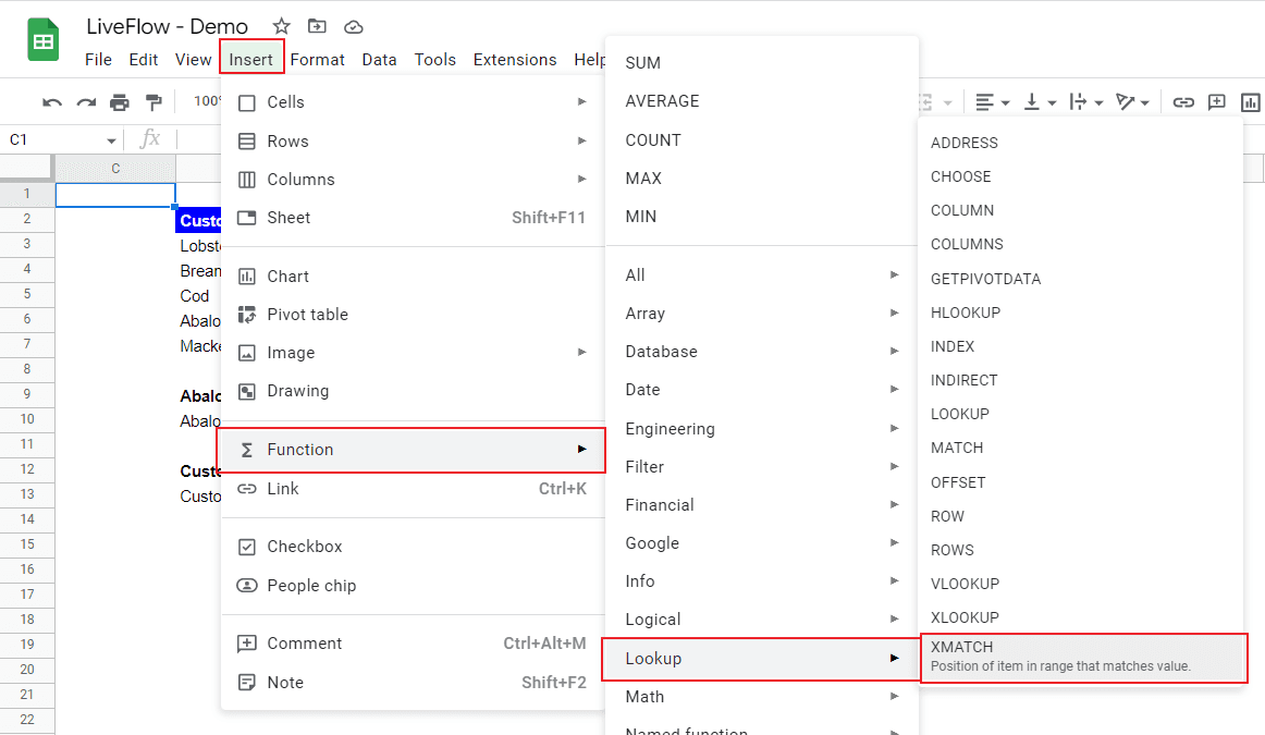 XMATCH function from the menu bar in