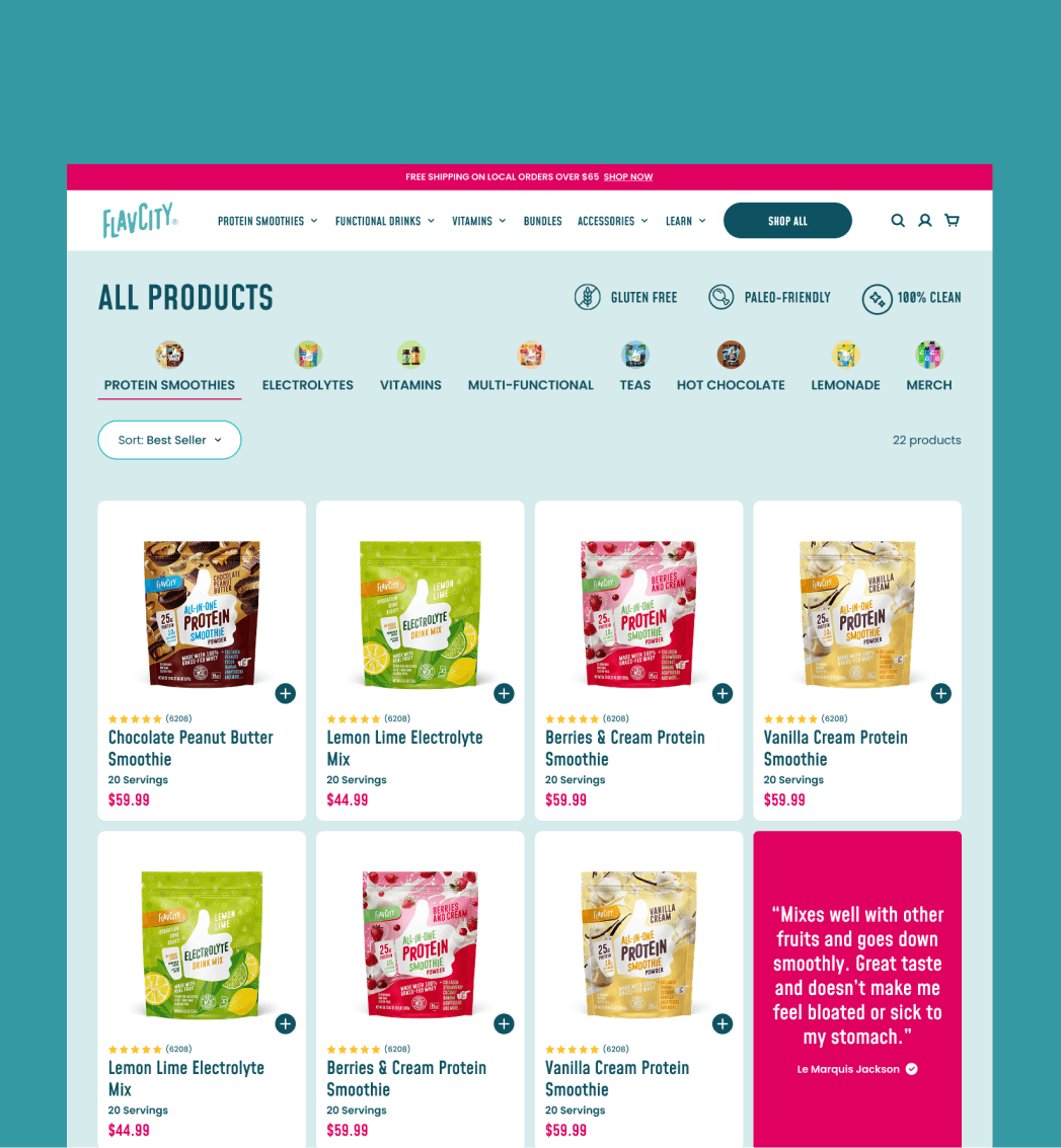 FlavCity Shopify product grid supporting bundle and subscription purchasing