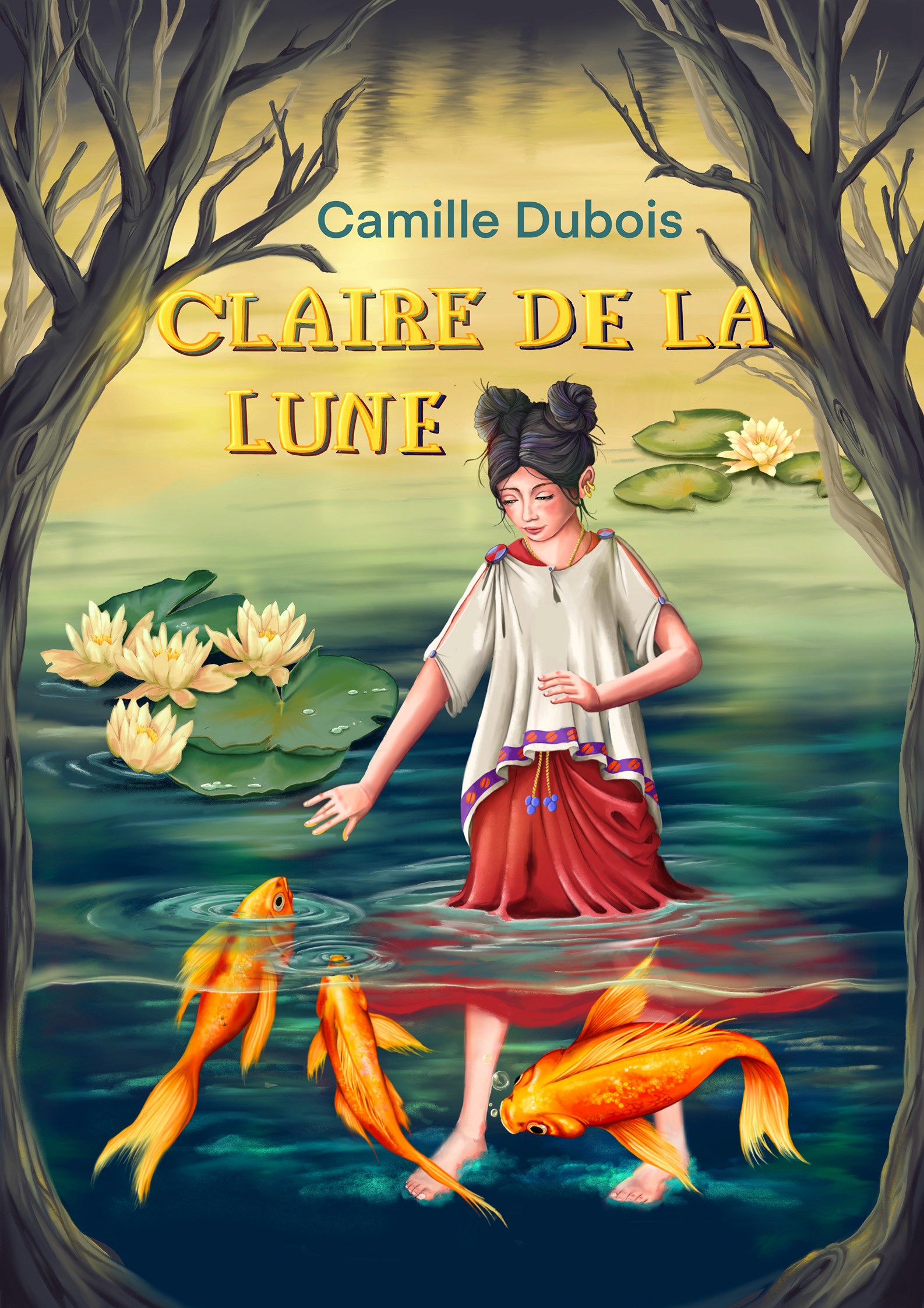 Ein Mädchen steht in einem magischen See voller Seerosen, darin schwimmen Goldfische