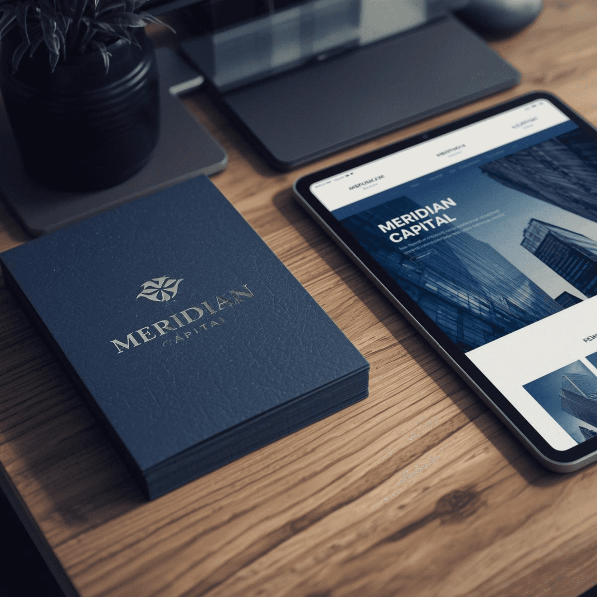 Sistema de identidad corporativa premium para 'Meridian Capital'. La imagen muestra una tarjeta de visita azul marino con textura y logo en foil metálico, junto a una tablet que presenta un mockup del sitio web de la marca, demostrando consistencia visual entre medios impresos y digitales.
