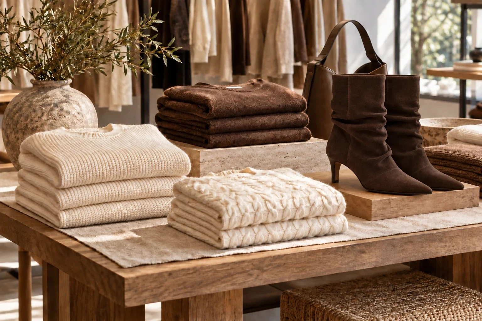 Folded knitwear and brown boots in a retail display