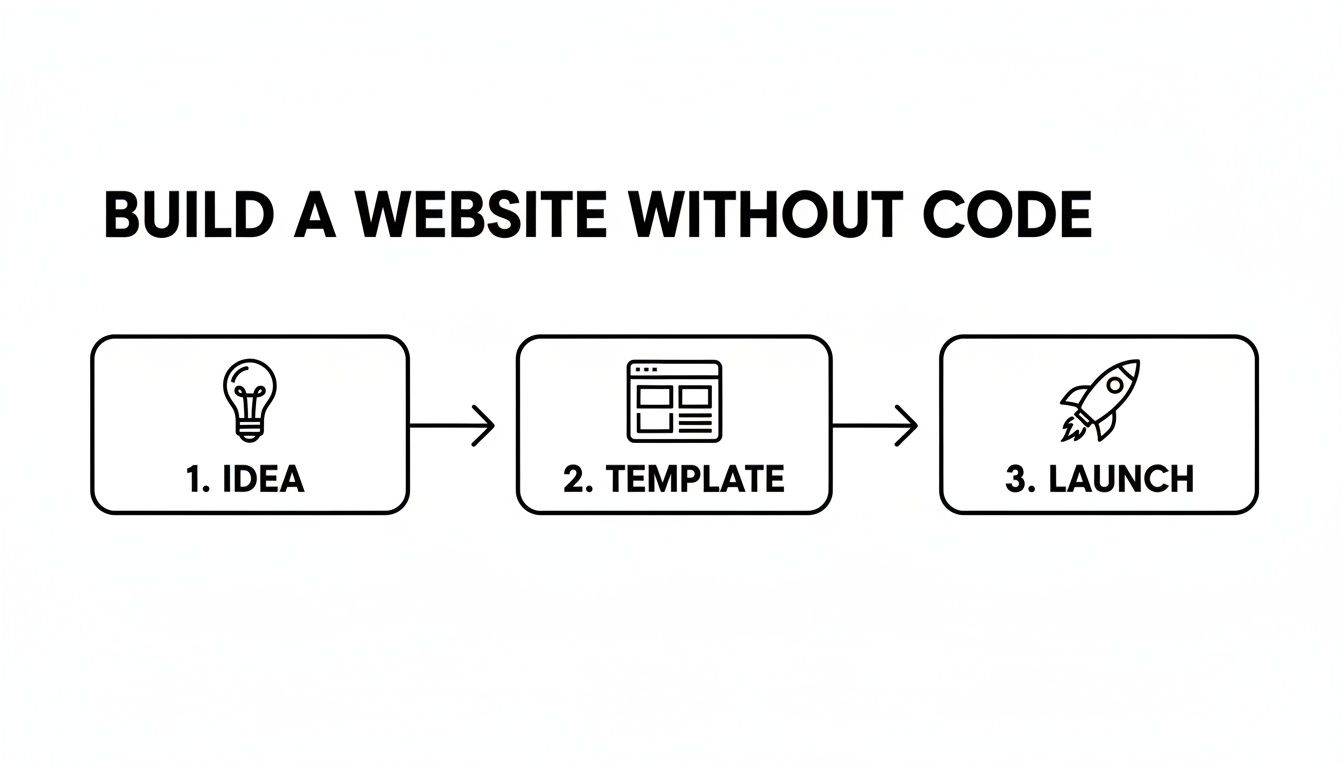 A flowchart outlining three steps to build a website without code: Idea, Template, and Launch.