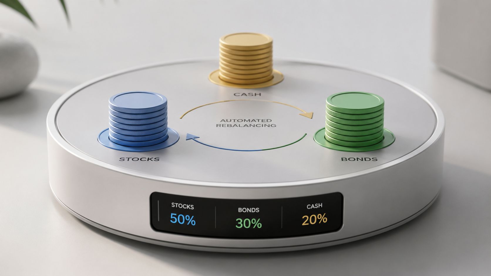 A 3D visualization showing a portfolio rebalancing device for stocks, bonds, and cash with percentage data.
