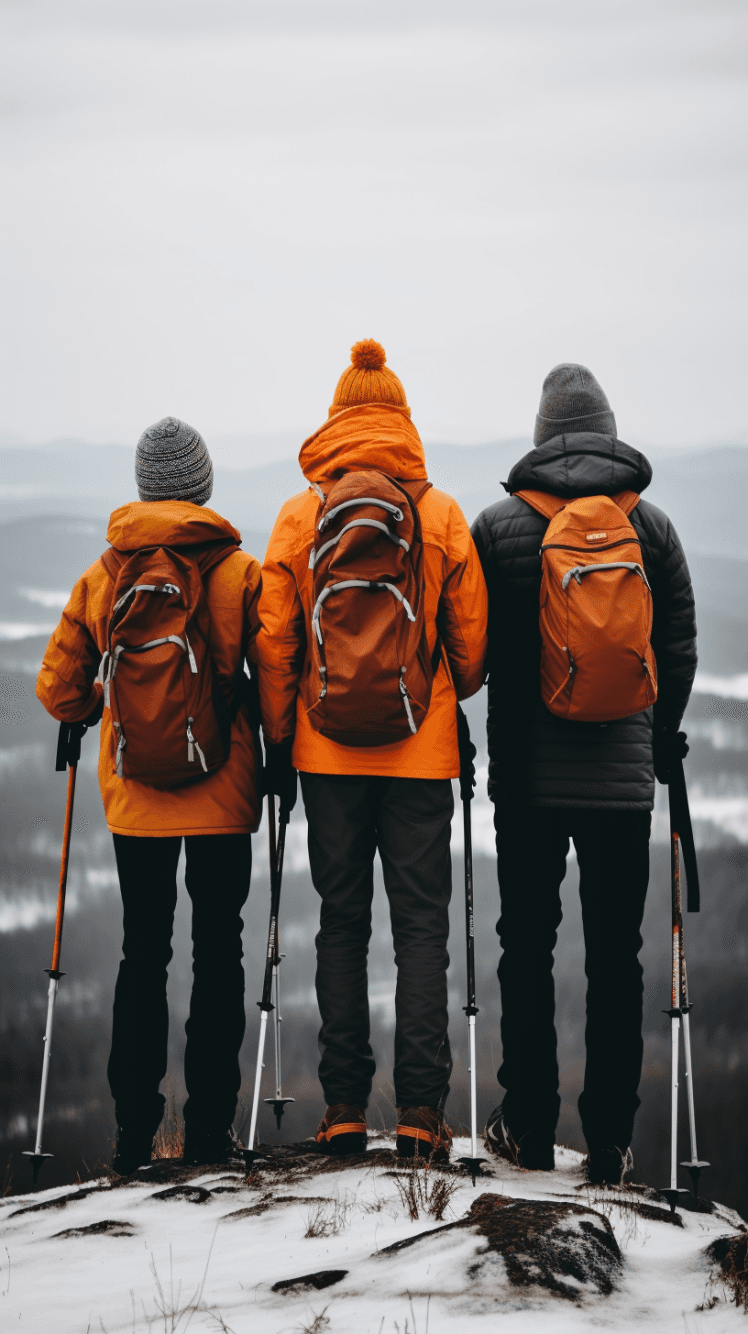 Tre persone che scalano una montagna, simbolo di lavoro di squadra e crescita.