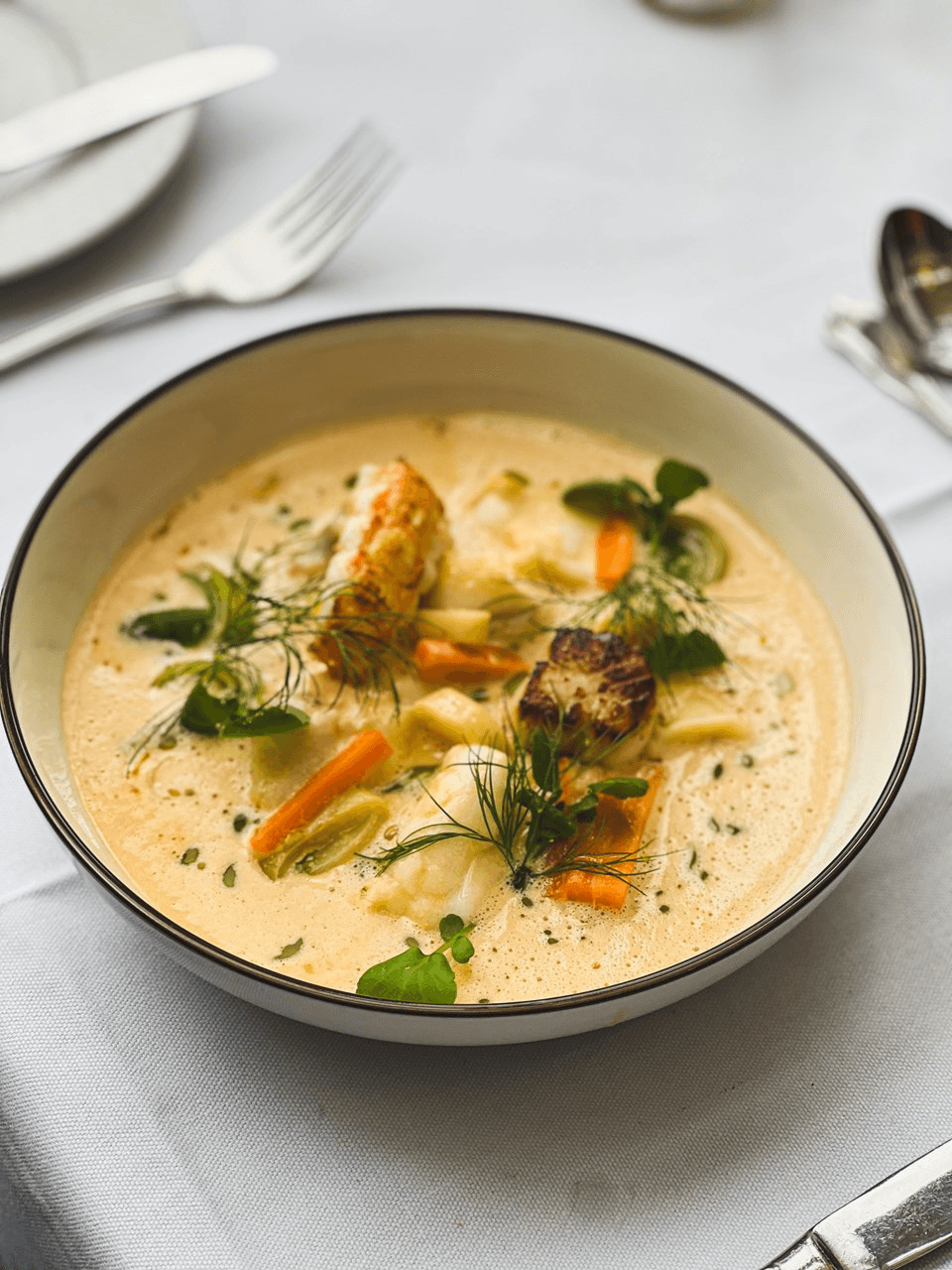 A bowl of creamy seafood soup garnished with fresh herbs and vegetables sits elegantly on a white tablecloth, accompanied by a fork and spoon, capturing a gourmet dining experience.
