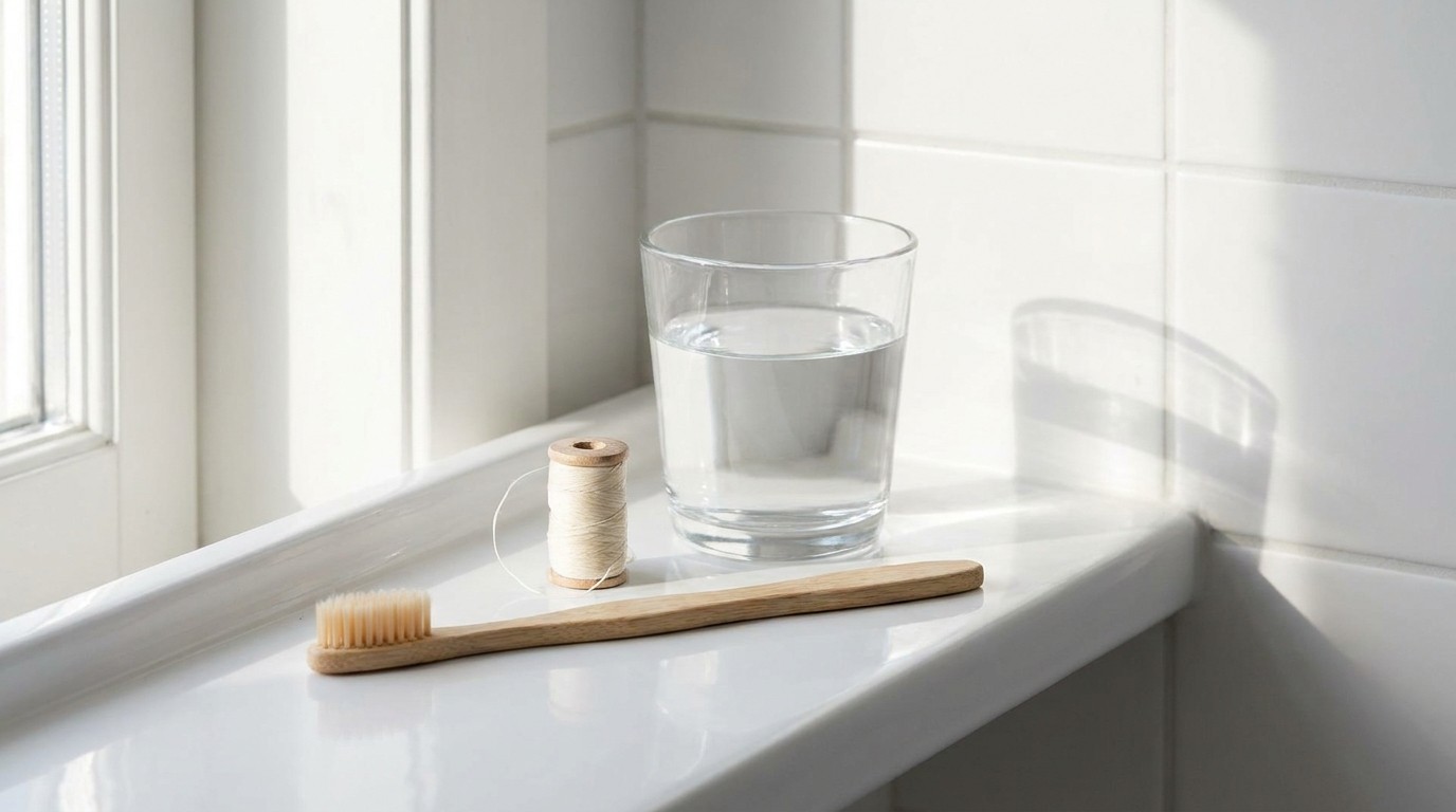 A soft toothbrush, floss and a glass of water on a bathroom shelf