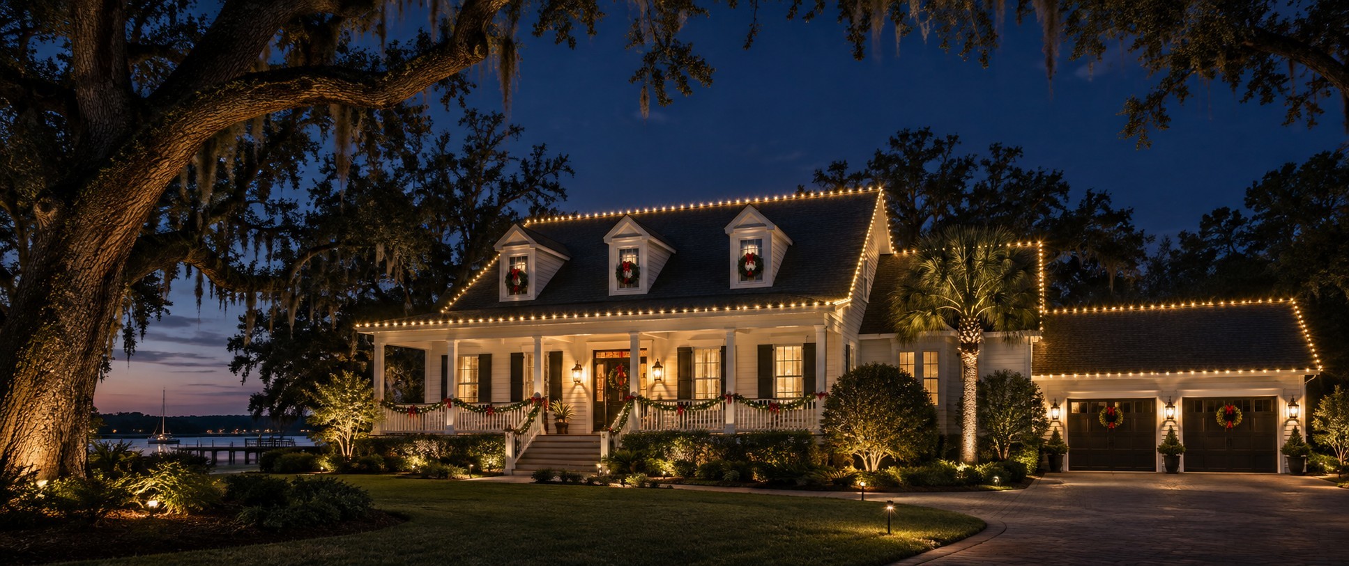 Lowcountry home at dusk with warm white Christmas lights under a live oak