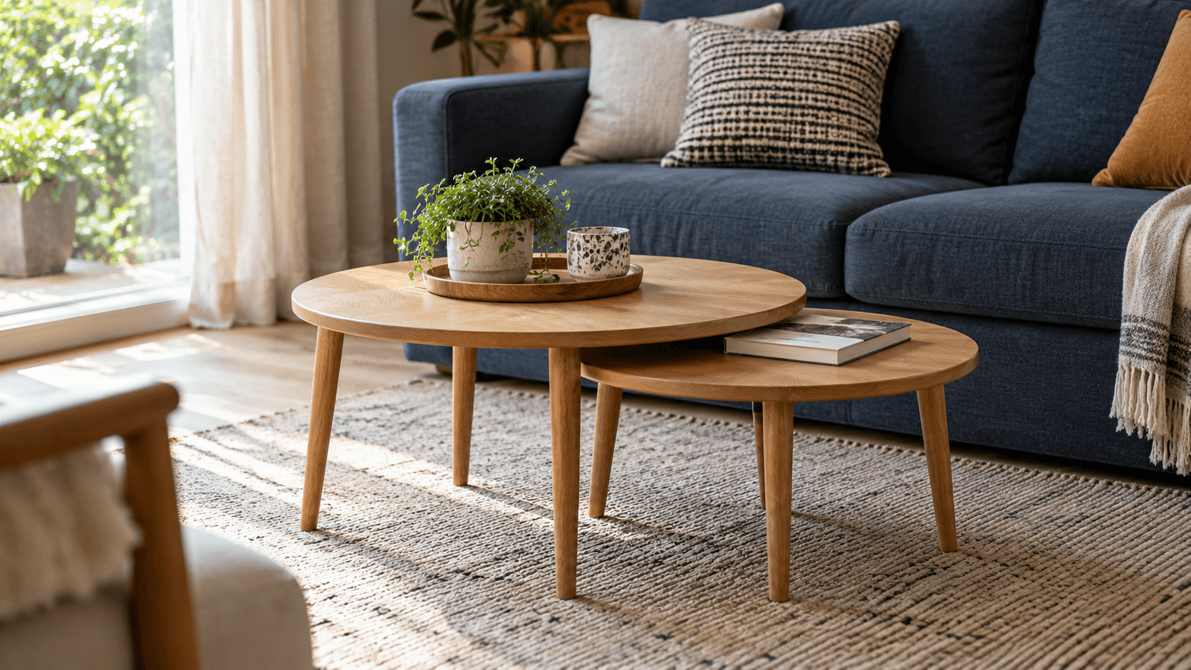 Deux tables basses gigognes en bois se chevauchent partiellement devant un canapé bleu.