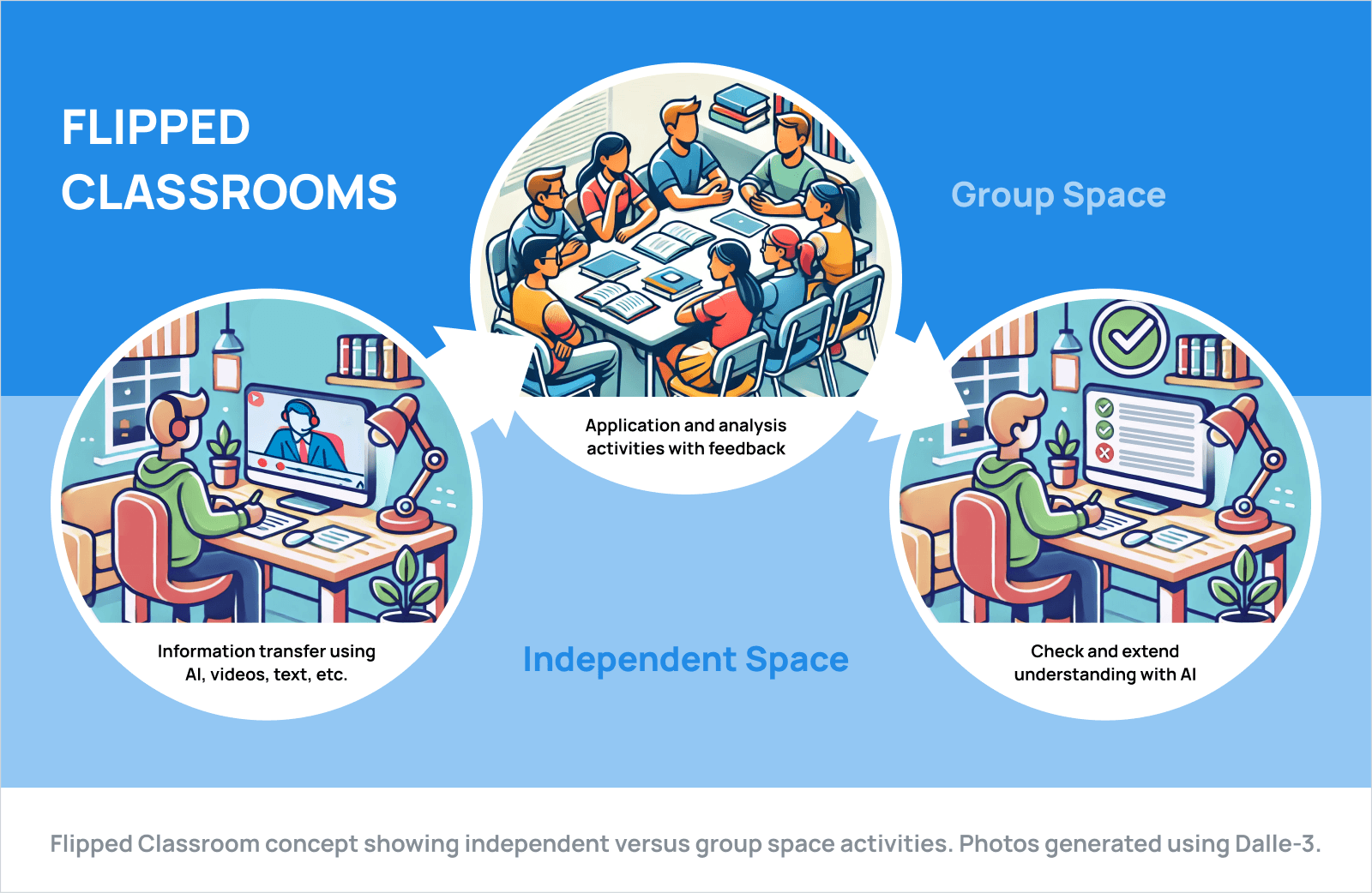 Flipped Classroom concept showing independent versus group space activities. Photos generated using Dalle-3.