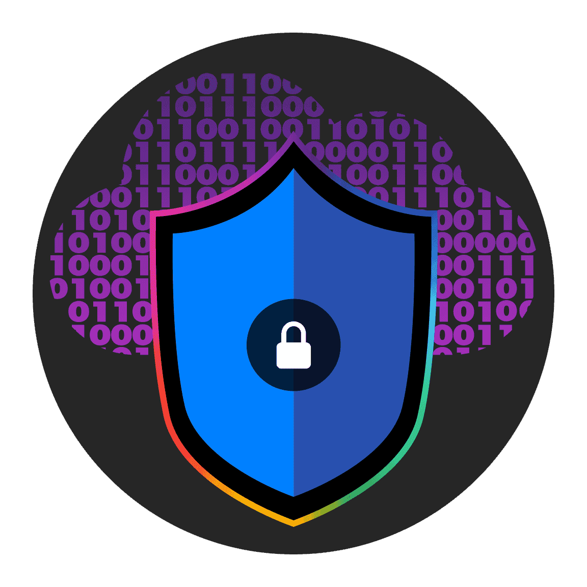 Icoon met een blauw schild met een slot, omringd door een gestileerd wolkdesign in paars en meerdere kleuren.