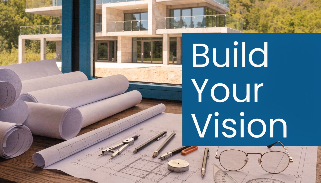 Architectural blueprints and drafting tools arranged on a desk in front of a modern house construction site.