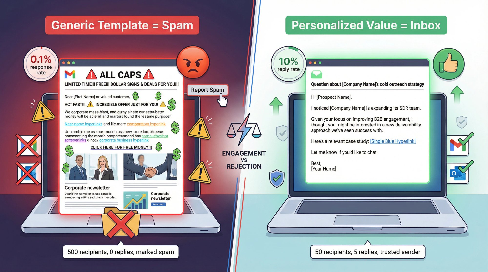 Comparison showing personalized vs generic cold email with engagement metrics and filter response