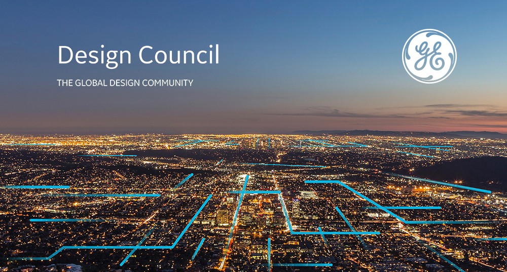 A poster of a city at night, the text: Design Council The Global Design Community. Also on it there is the logo of General Electric.