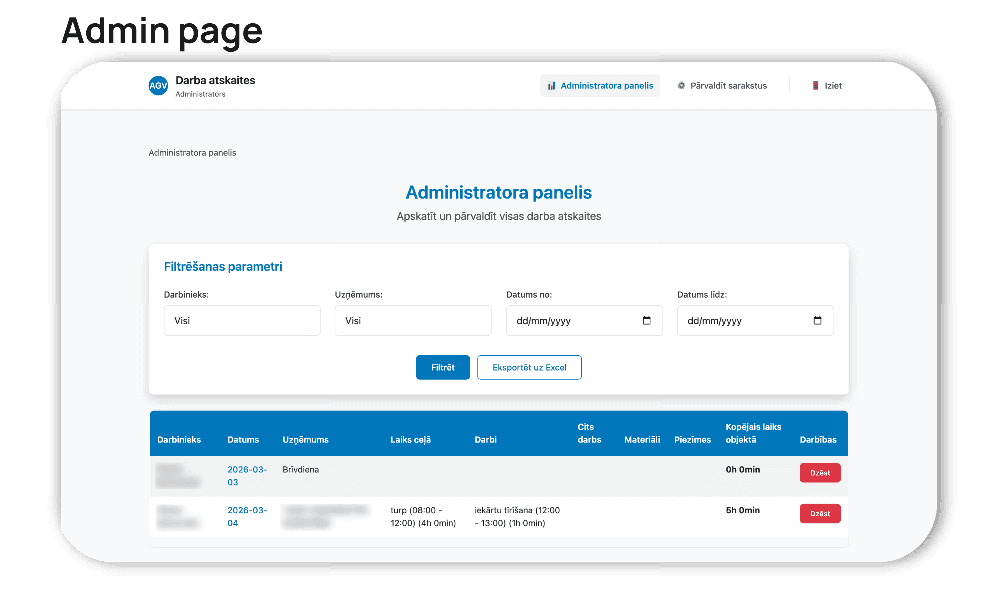 AGV employee reporting system - administrator panel showing all employee reports with filtering by employee, company and date range, and Excel data export functionality
