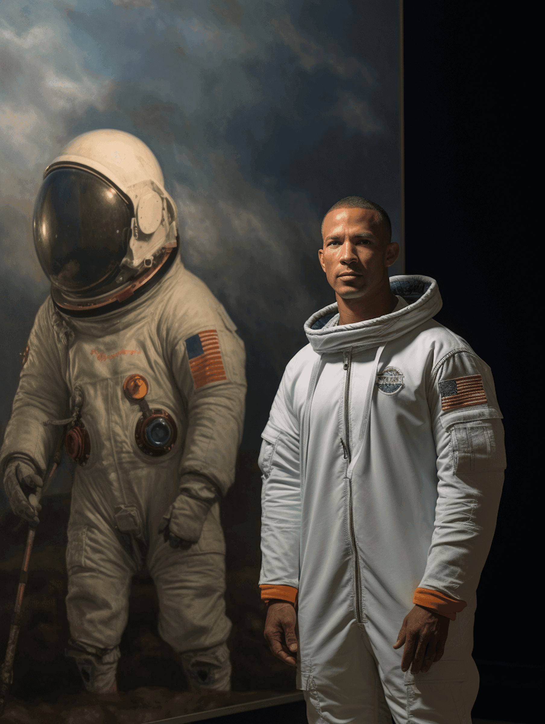 An astronaut posing in white elegance suit next to a frame