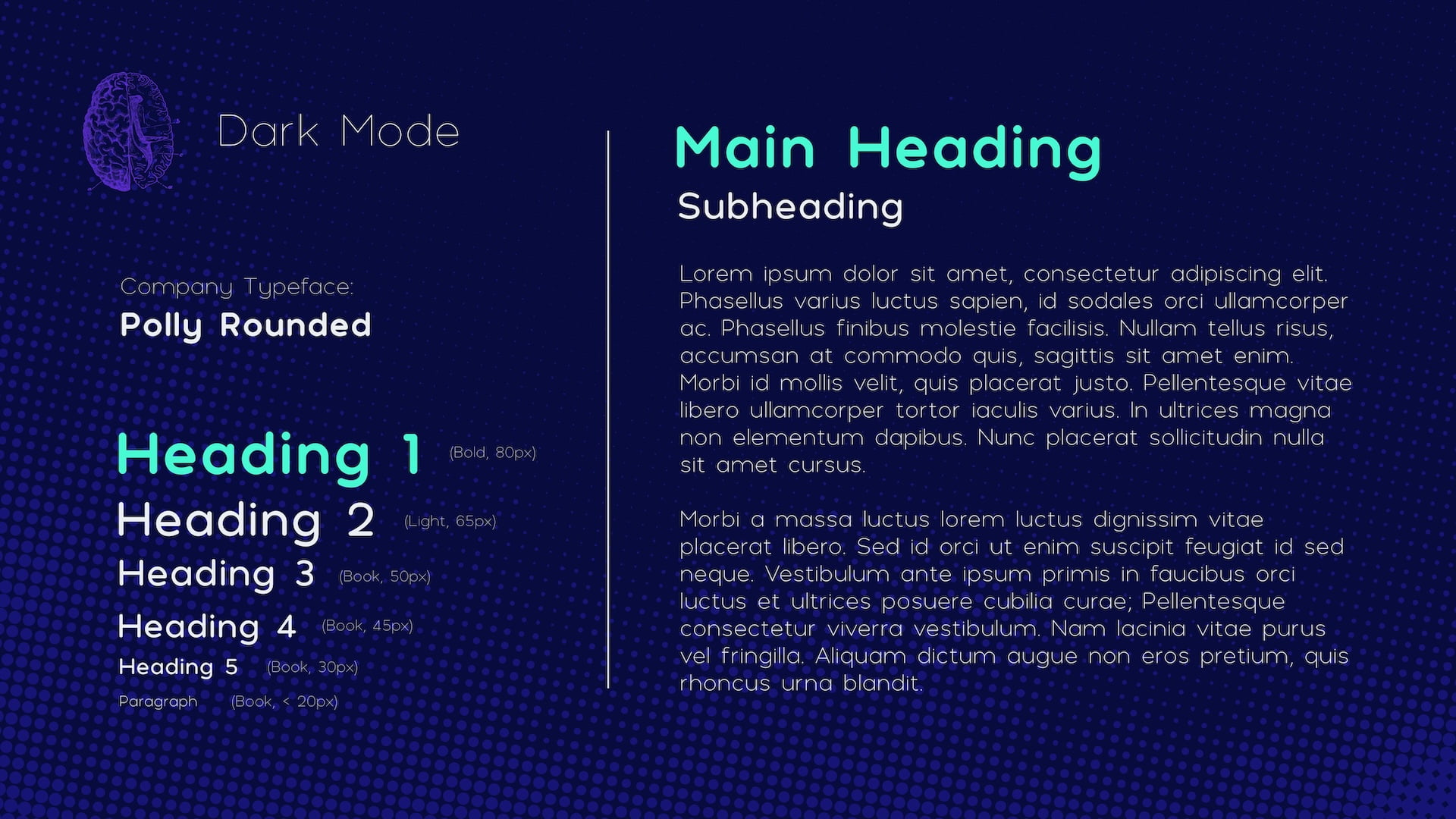 Neurolix AI dark mode typography specifications featuring Polly Rounded typeface with heading hierarchy from H1 (Bold, 80px) through H5 (Book, 30px) to paragraph text, showing cyan highlight headings and white body text on dark navy background.